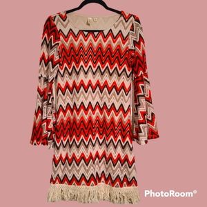 Tacera Retro Crochet Chevron Midi Dress w/ Bell Sleeves & Fringe Size Small